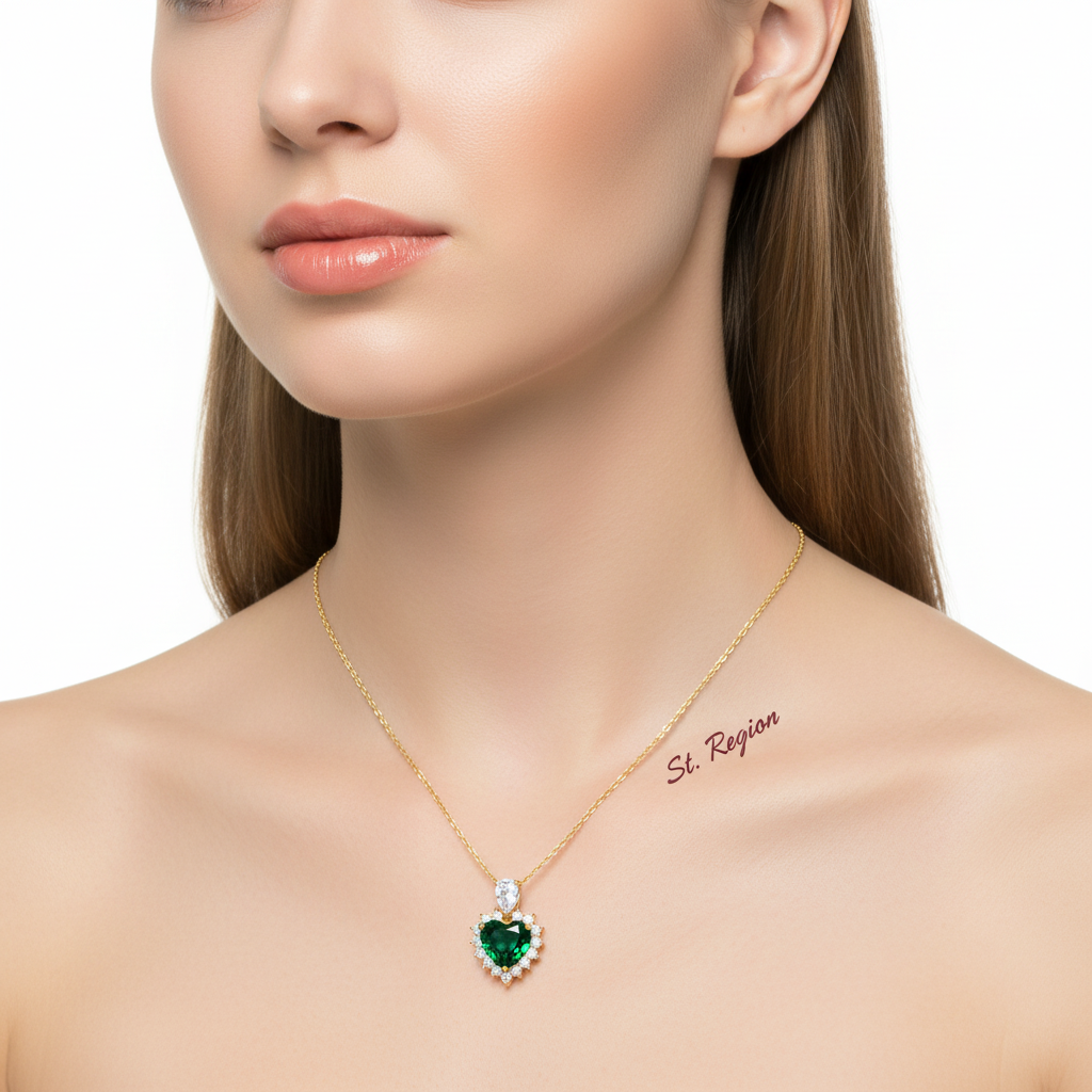 Green Crystal & Cubic Zirconia Heart Pendant Necklace - Street Region