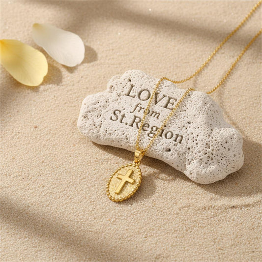 18K Gold-Plated Oval Cross Pendant Necklace