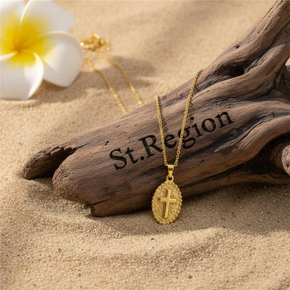 18K Gold-Plated Oval Cross Pendant Necklace, gold pendant necklace for women, dainty minimalist design, detail close-up