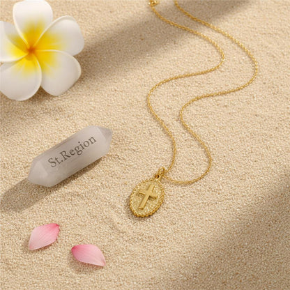 18K Gold-Plated Oval Cross Pendant Necklace, gold pendant necklace for women, dainty minimalist design, lifestyle look