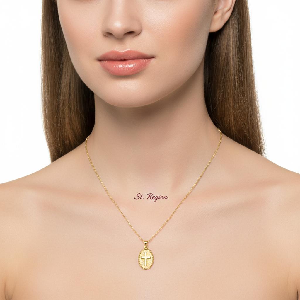 18K Gold-Plated Oval Cross Pendant Necklace, gold pendant necklace for women, dainty minimalist design, styled look