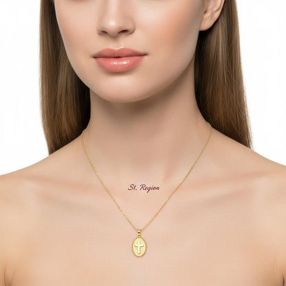 18K Gold-Plated Oval Cross Pendant Necklace, gold pendant necklace for women, dainty minimalist design, styled look