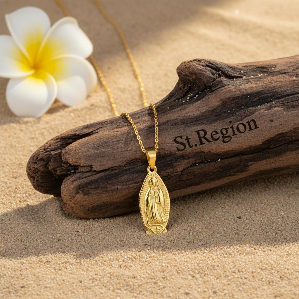 18K Gold-Plated Mary Pendant Necklace, gold pendant necklace for women, everyday style, detail close-up