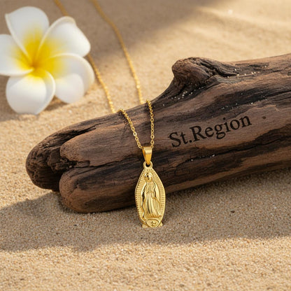 18K Gold-Plated Mary Pendant Necklace, gold pendant necklace for women, everyday style, detail close-up