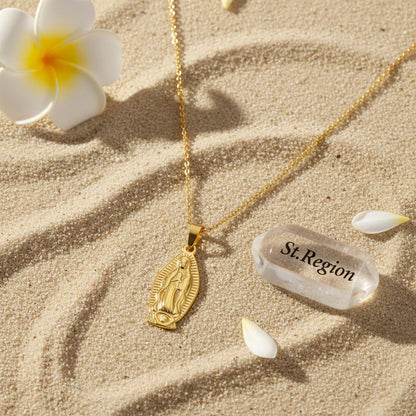 18K Gold-Plated Mary Pendant Necklace, gold pendant necklace for women, everyday style, lifestyle look
