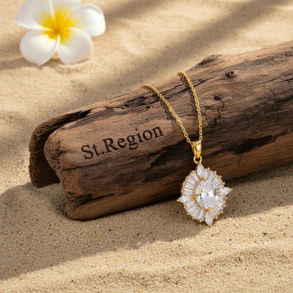 Clear Crystal and 18K Gold-Plated Oval Pendant Necklace, gold pendant necklace for women, detail close-up