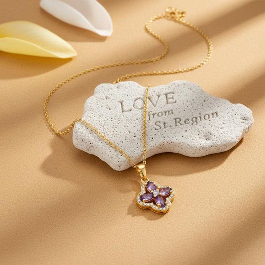 Purple Crystal & Cubic Zirconia 18K Gold-Plated Clover Pendant Necklace