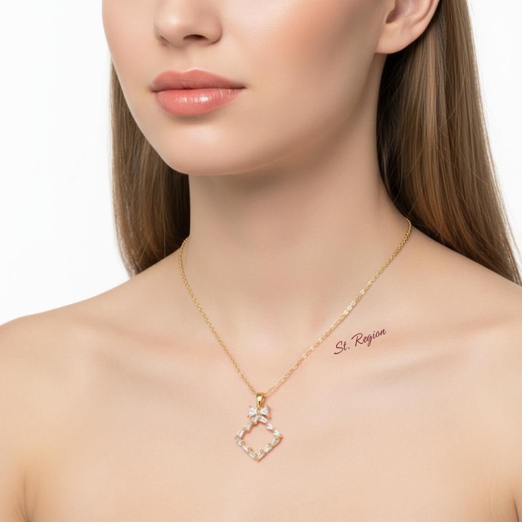 Crystal and 18K Gold-Plated Bow Rhombus Pendant Necklace, gold pendant necklace for women, elegant gift for her, styled look