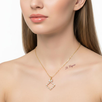 Crystal and 18K Gold-Plated Bow Rhombus Pendant Necklace, gold pendant necklace for women, elegant gift for her, styled look