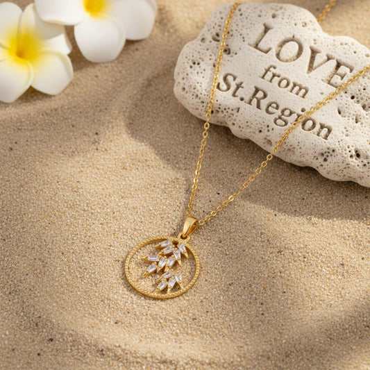 Crystal & 18K Gold-Plated Leaves Circle Pendant Necklace