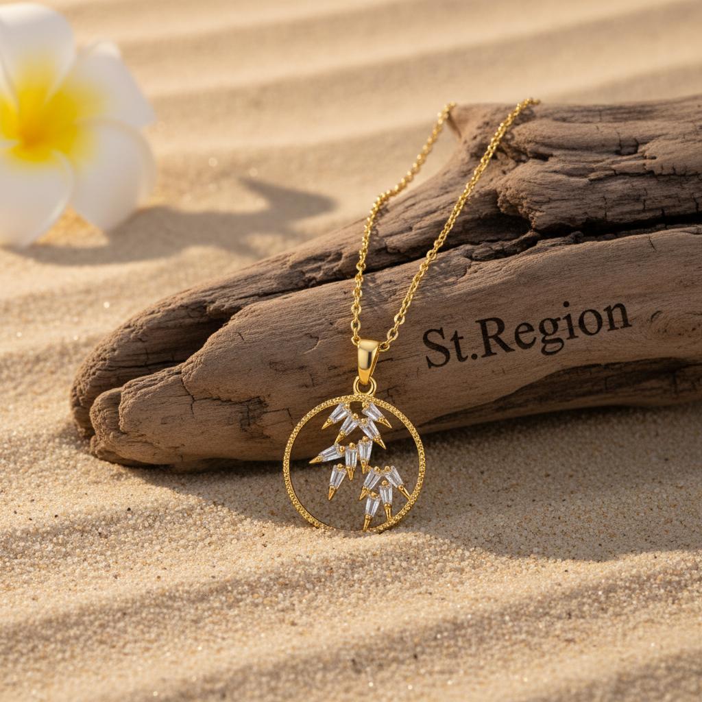 Crystal and 18K Gold-Plated Leaves Circle Pendant Necklace, gold pendant necklace for women, detail close-up