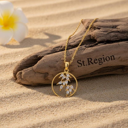 Crystal and 18K Gold-Plated Leaves Circle Pendant Necklace, gold pendant necklace for women, detail close-up
