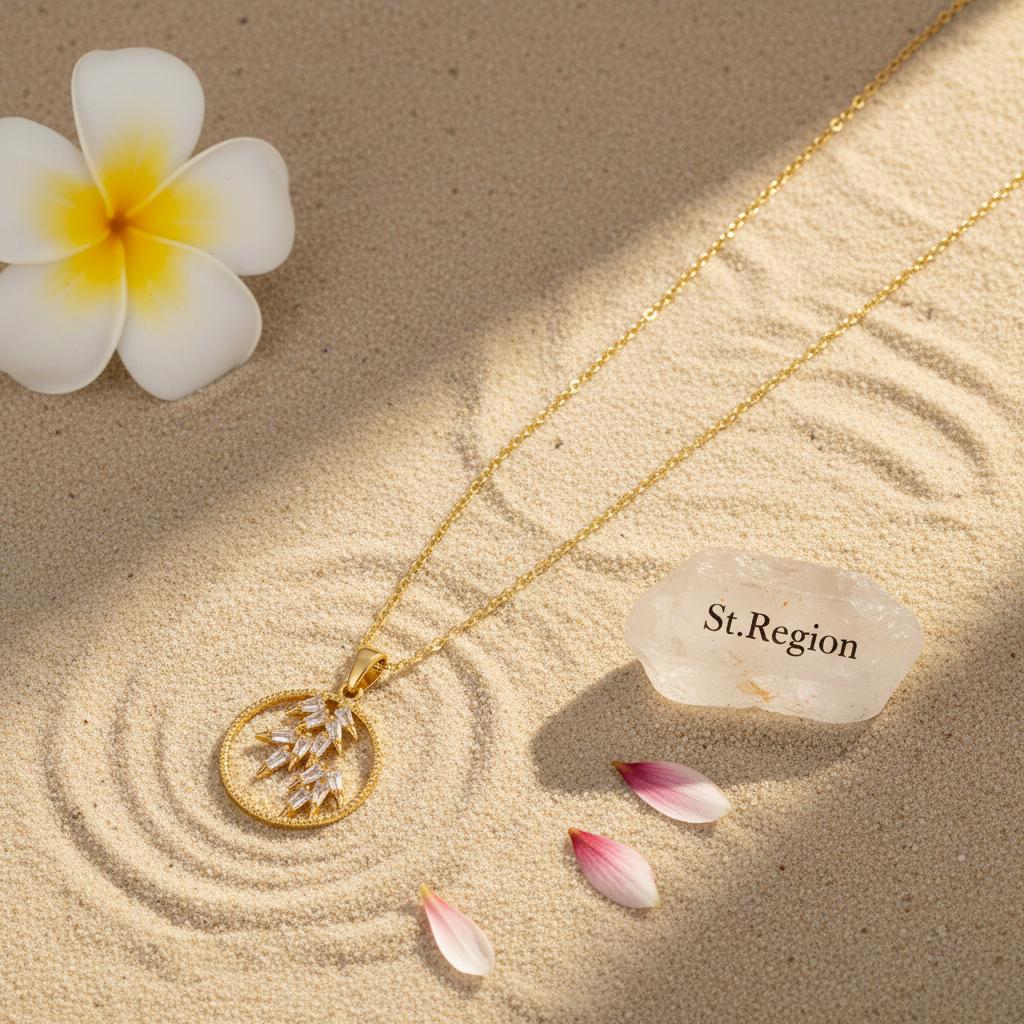 Crystal and 18K Gold-Plated Leaves Circle Pendant Necklace, gold pendant necklace for women, lifestyle look