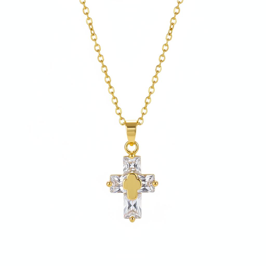 Crystal & 18K Gold-Plated Stacked Cross Pendant Necklace