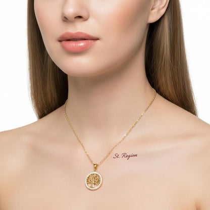 Cubic Zirconia & 18K Gold-Plated Life Tree Pendant Necklace