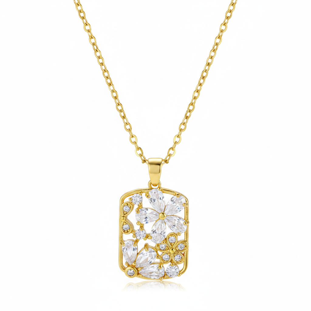 Crystal & Cubic Zirconia Flower Rectangle Pendant Necklace - Street Region