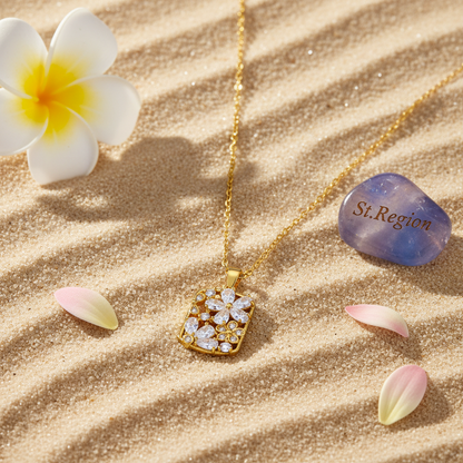 Crystal & Cubic Zirconia Flower Rectangle Pendant Necklace - Street Region