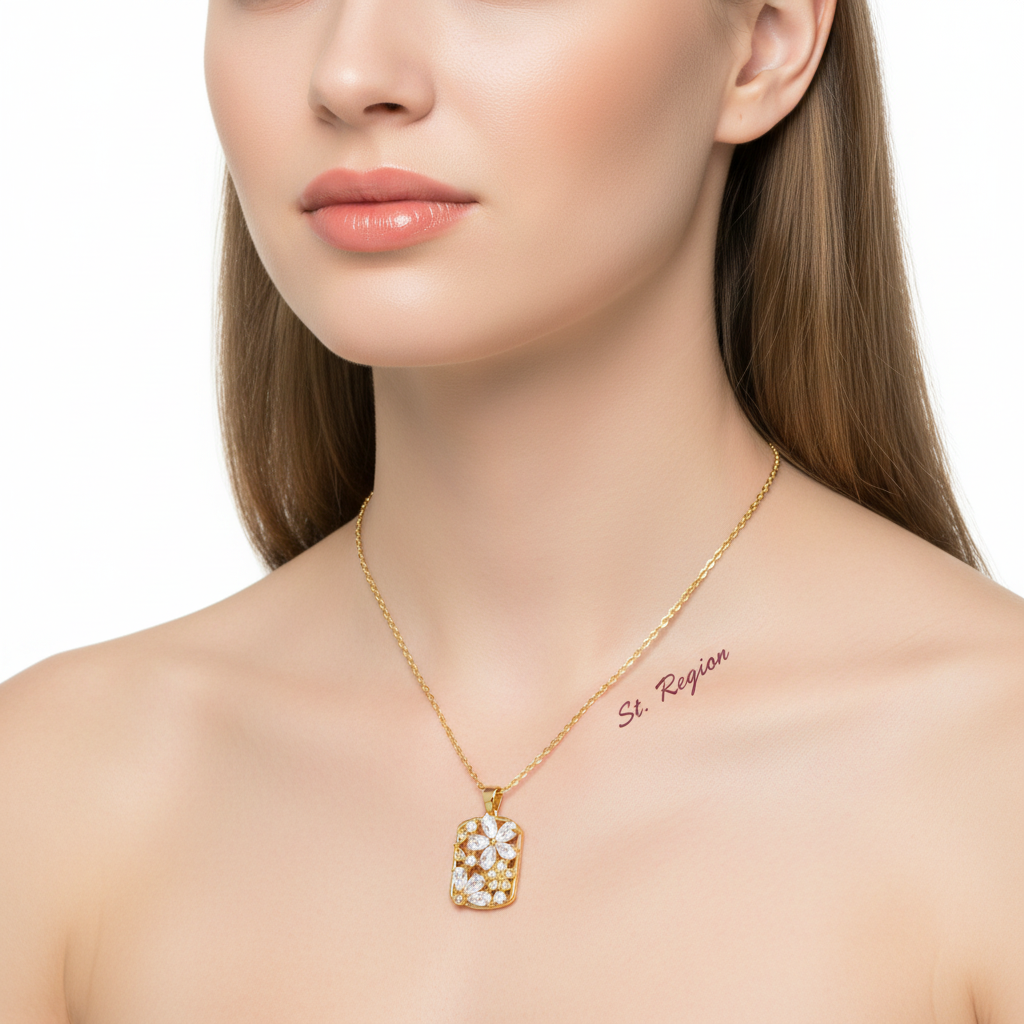 Crystal & Cubic Zirconia Flower Rectangle Pendant Necklace - Street Region