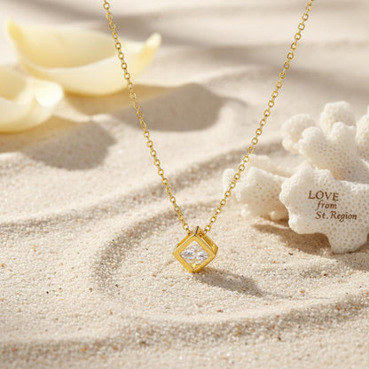 Cubic Zirconia and 18K Gold-Plated Cube Pendant Necklace, gold pendant necklace for women, elegant gift for her, front view