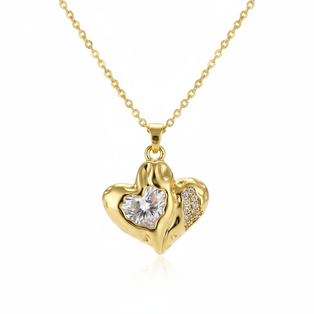 Crystal and 18K Gold-Plated Textured Heart Pendant Necklace, gold pendant necklace for women, everyday style, side view