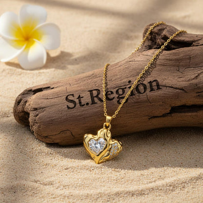 Crystal and 18K Gold-Plated Textured Heart Pendant Necklace, gold pendant necklace for women, everyday style, detail close-up