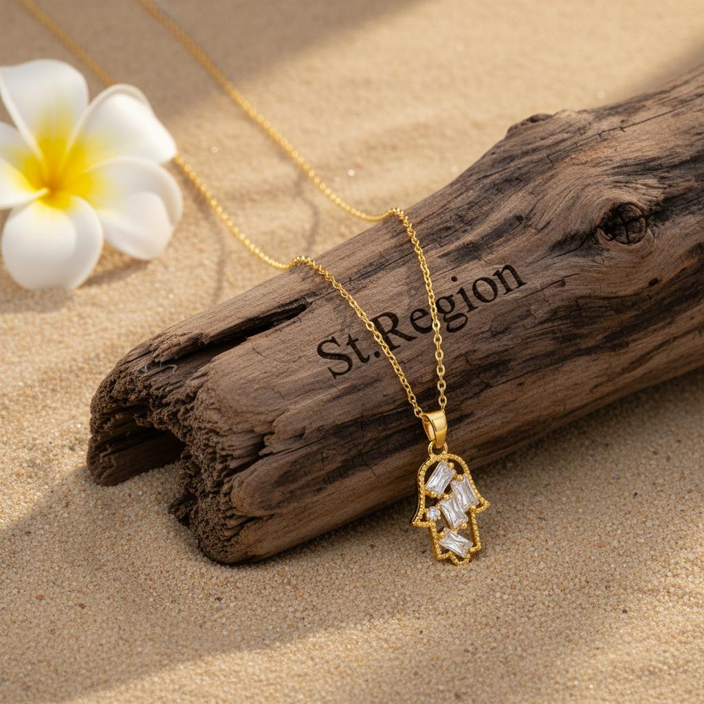 Crystal and Cubic Zirconia Hamsa Pendant Necklace, pendant necklace for women, dainty minimalist design, detail close-up