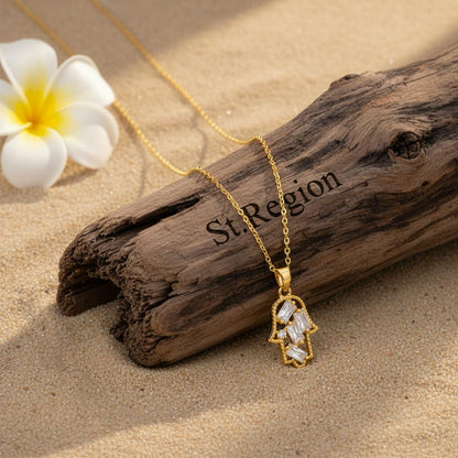 Crystal and Cubic Zirconia Hamsa Pendant Necklace, pendant necklace for women, dainty minimalist design, detail close-up