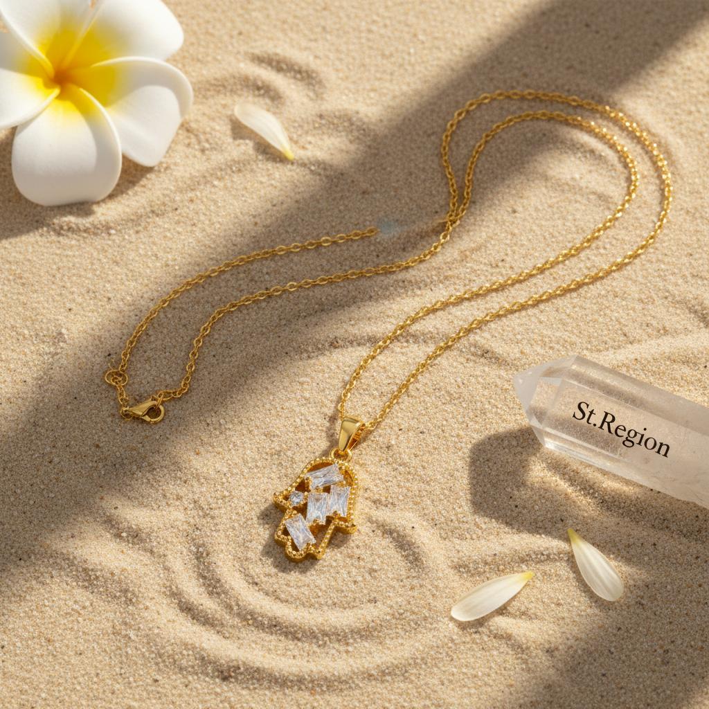 Crystal and Cubic Zirconia Hamsa Pendant Necklace, pendant necklace for women, dainty minimalist design, lifestyle look