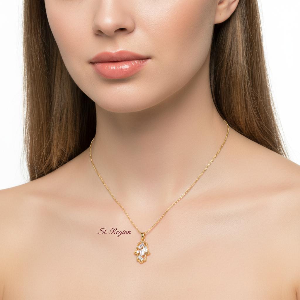 Crystal and Cubic Zirconia Hamsa Pendant Necklace, pendant necklace for women, dainty minimalist design, styled look