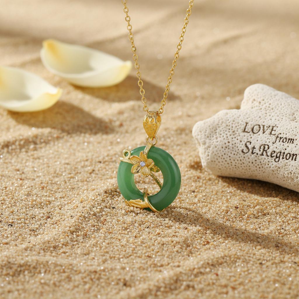 Green Jade and Cubic Zirconia Flower Pendant Necklace, pendant necklace for women, everyday style, front view