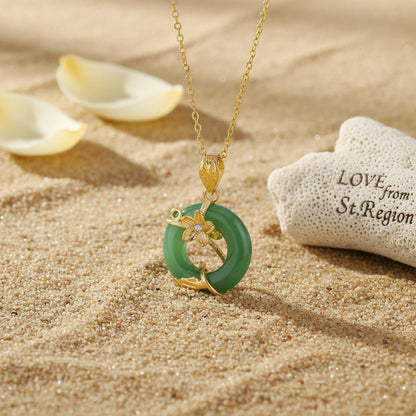 Green Jade and Cubic Zirconia Flower Pendant Necklace, pendant necklace for women, everyday style, front view