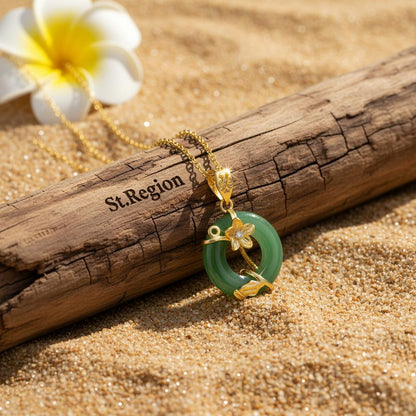 Green Jade and Cubic Zirconia Flower Pendant Necklace, pendant necklace for women, everyday style, detail close-up