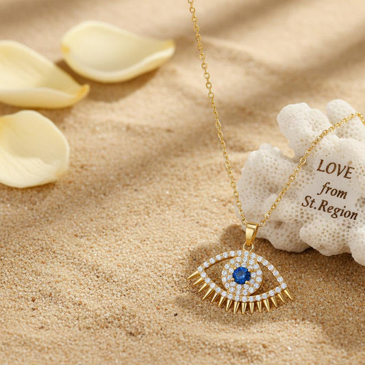 Blue Cubic Zirconia & 18K Gold-Plated Eye Pendant Necklace