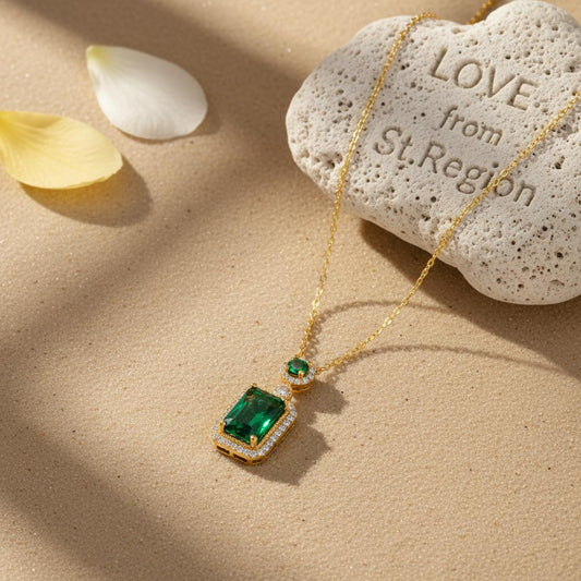 Green Crystal & Cubic Zirconia Rectangle Pendant Necklace