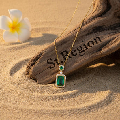 Green Crystal and Cubic Zirconia Rectangle Pendant Necklace, pendant necklace for women, everyday style, detail close-up