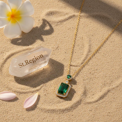 Green Crystal and Cubic Zirconia Rectangle Pendant Necklace, pendant necklace for women, everyday style, lifestyle look
