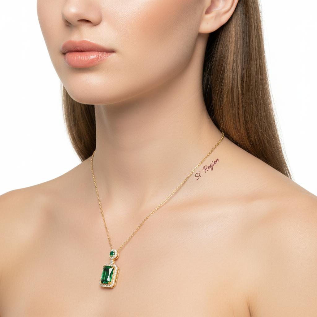 Green Crystal and Cubic Zirconia Rectangle Pendant Necklace, pendant necklace for women, everyday style, styled look