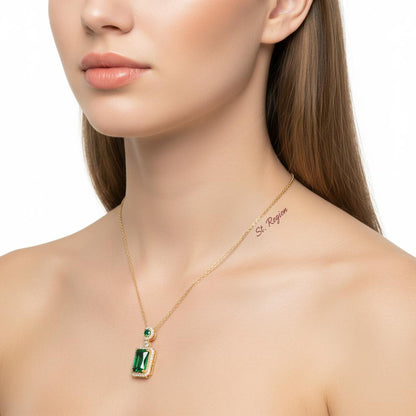 Green Crystal and Cubic Zirconia Rectangle Pendant Necklace, pendant necklace for women, everyday style, styled look