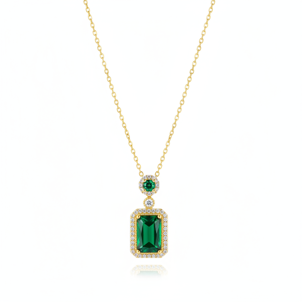 Green Crystal & Cubic Zirconia Rectangle Pendant Necklace - Street Region
