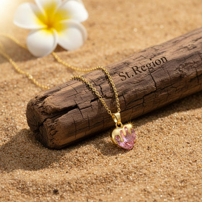 Pink Crystal and 18K Gold-Plated Heart Pendant Necklace, gold pendant necklace for women, detail close-up