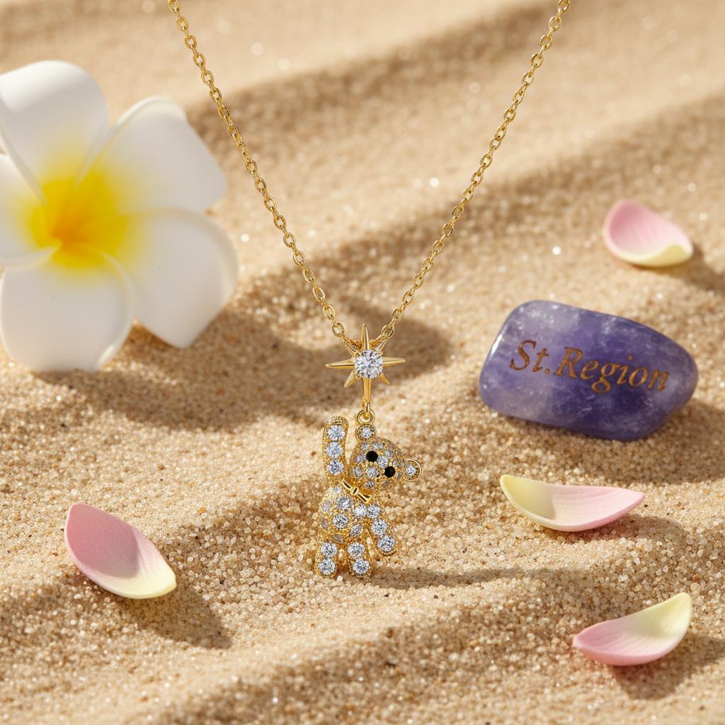 Cubic Zirconia and 18K Gold-Plated Star Bear Pendant Necklace, gold pendant necklace for women, lifestyle look