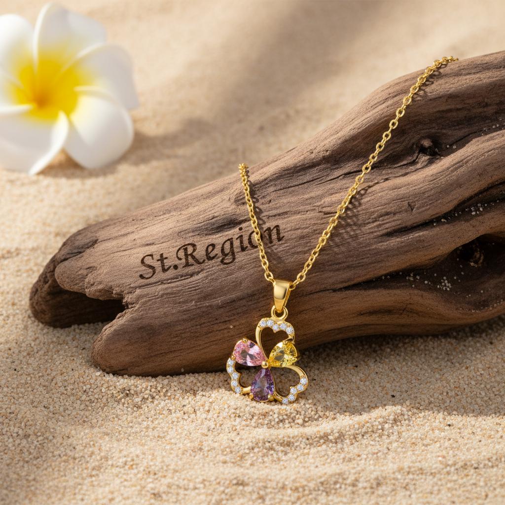 Pink and Yellow Crystal Cubic Zirconia Flower Pendant Necklace, pendant necklace for women, detail close-up