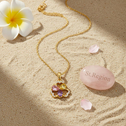 Pink and Yellow Crystal Cubic Zirconia Flower Pendant Necklace, pendant necklace for women, lifestyle look