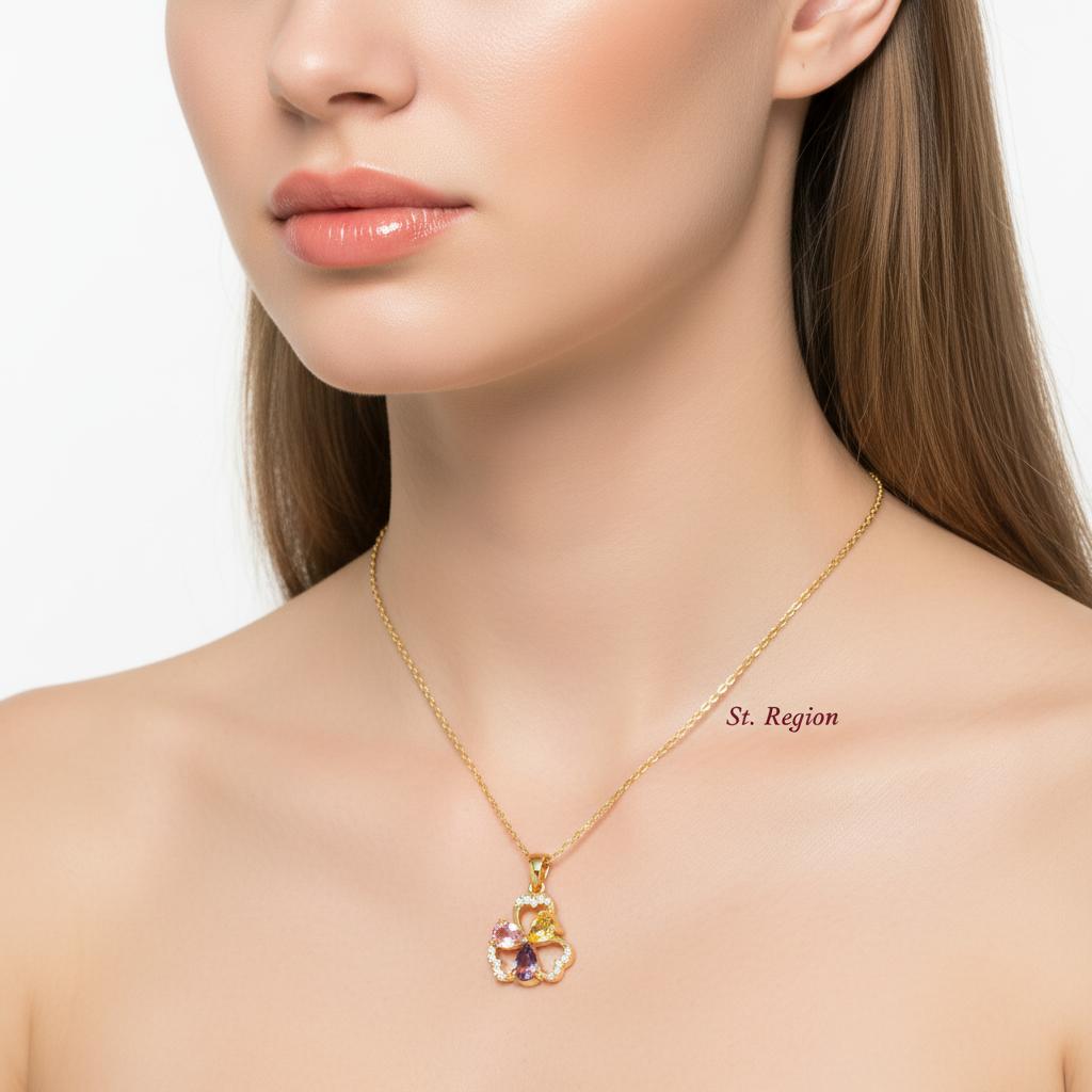 Pink and Yellow Crystal Cubic Zirconia Flower Pendant Necklace, pendant necklace for women, styled look
