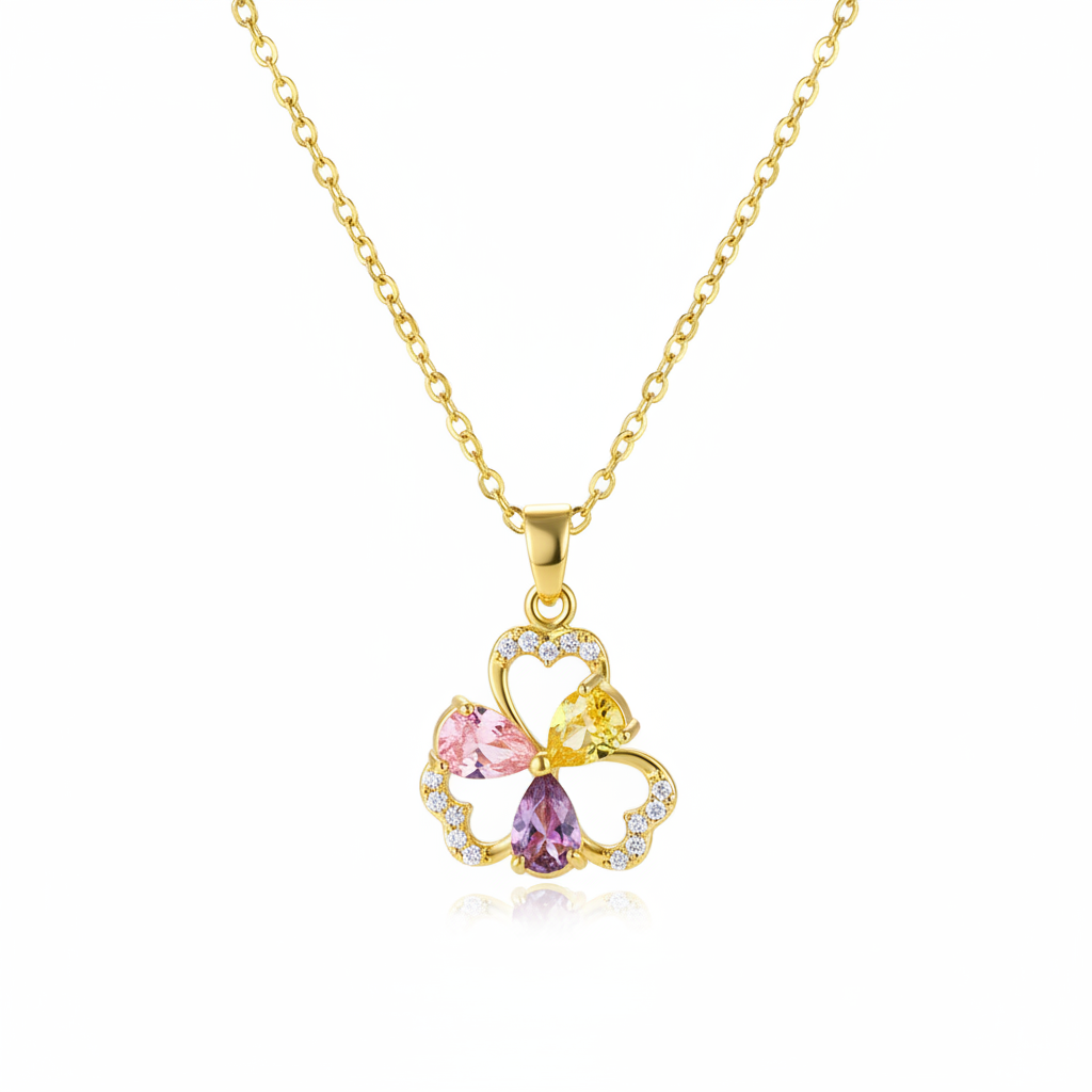 Pink & Yellow Crystal Cubic Zirconia Flower Pendant Necklace - Street Region
