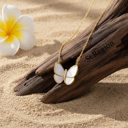 Shell and 18K Gold-Plated Butterfly Pendant Necklace, gold pendant necklace for women, everyday style, detail close-up