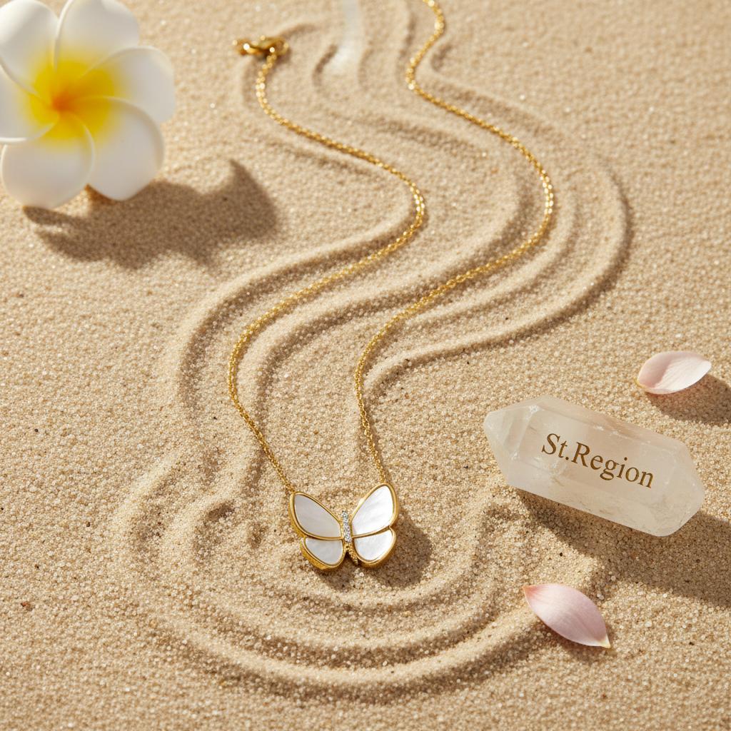 Shell and 18K Gold-Plated Butterfly Pendant Necklace, gold pendant necklace for women, everyday style, lifestyle look