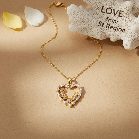 Clear Cubic Zirconia & 18K Gold-Plated Floral Heart Pendant Necklace