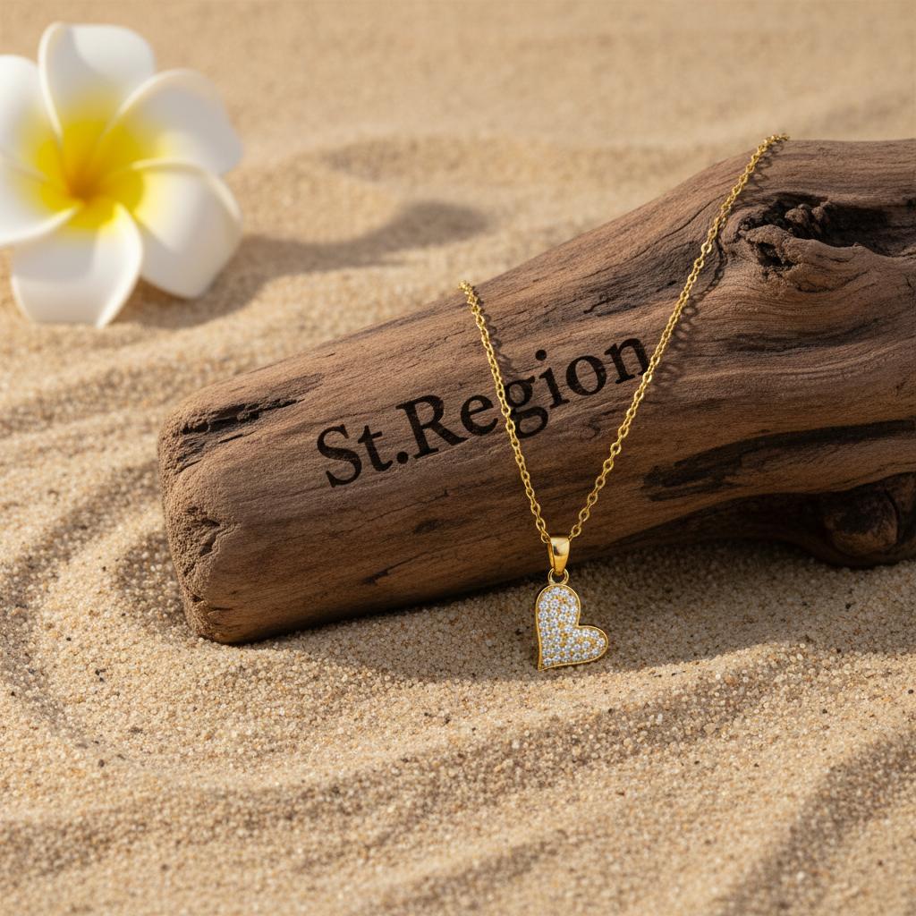 Cubic Zirconia and 18K Gold-Plated Heart Pendant Necklace, gold pendant necklace for women, detail close-up
