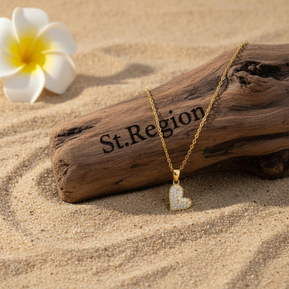 Cubic Zirconia and 18K Gold-Plated Heart Pendant Necklace, gold pendant necklace for women, detail close-up